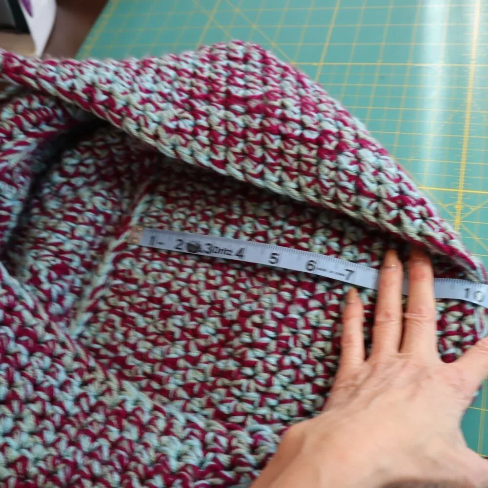 Handmade Knit Basket Bag With Handles‎ Burgundy Teal Yarn Boho Granny Cottage